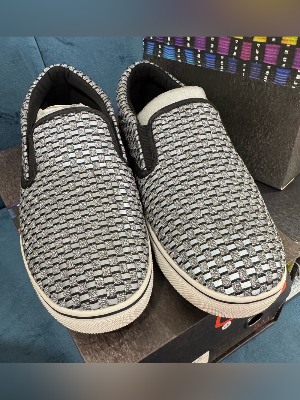 bernie mev. Women’s Sz 8 Black and White Checker Knit Slip-On Loafers